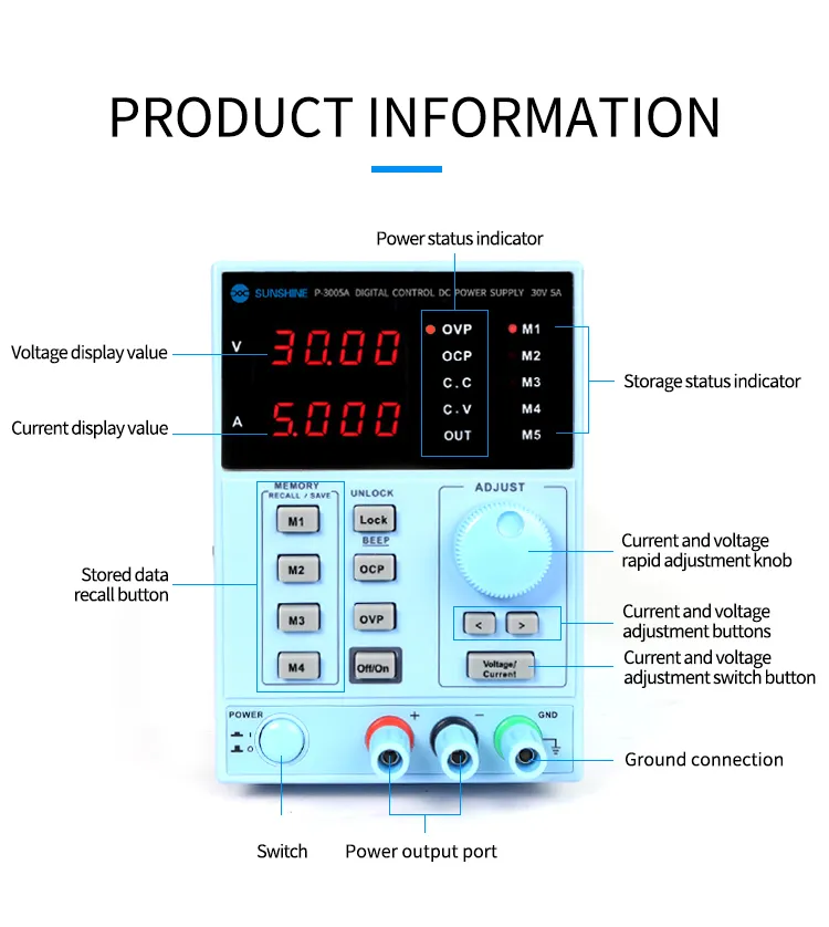 SUNSHINE P-3005A 30V 5A DC Laboratory Power Supply Digital Programmable Adjustable Voltage Regulator Switching Stabilizer Power Supply
