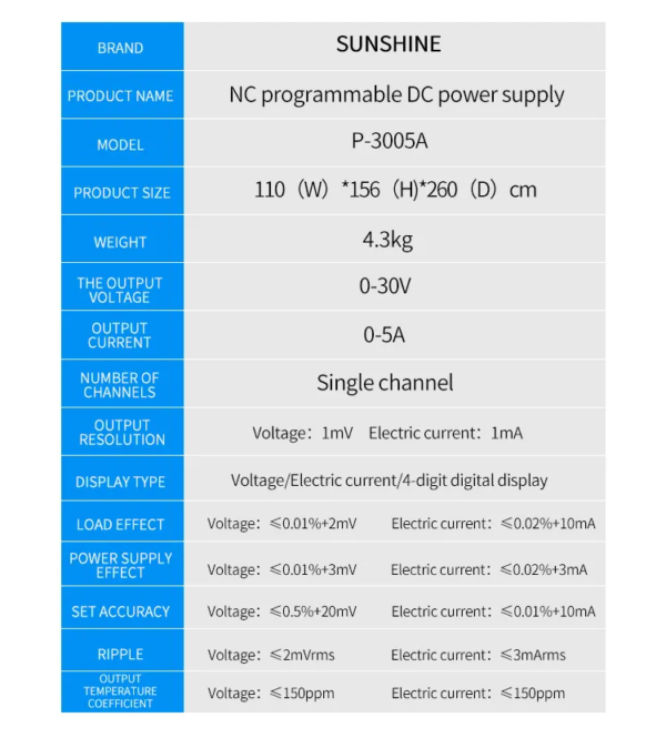 SUNSHINE P-3005A 30V 5A DC Laboratory Power Supply Digital Programmable Adjustable Voltage Regulator Switching Stabilizer Power Supply