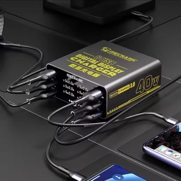 MECHANIC F-Power 6 port USB Fast Charger 40W Digital Display Charging for Mobile Phones Watche Laptops Voltage Smart Identification