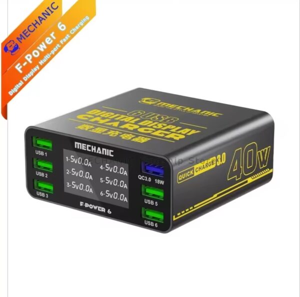 MECHANIC F-Power 6 port USB Fast Charger 40W Digital Display Charging for Mobile Phones Watche Laptops Voltage Smart Identification