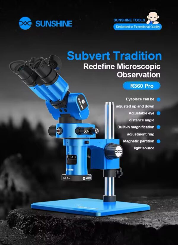 Sunshine R360 Pro Trinocular Microscope Foldable Rotating Design 7 45X Magnification 180° Eyepiece Adjustment Microscope