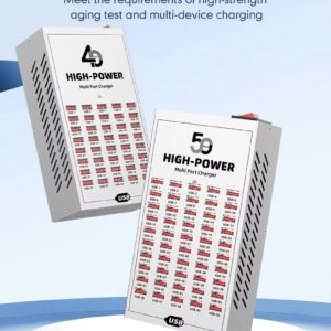 HIGH POWER 50-Port Iron Alloy 200W Multi USB Charger Built-in Cooling Fan for iPhone Smartphones Camera (110V-220V)Desktop Charging