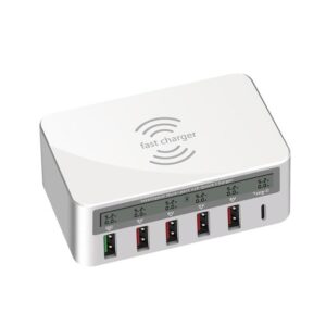 6-in-1 Multiple USB Port Desktop Charger 100W 6 Port USB Wireless Mobile Phone Charging Station with 15W Wireless Charger